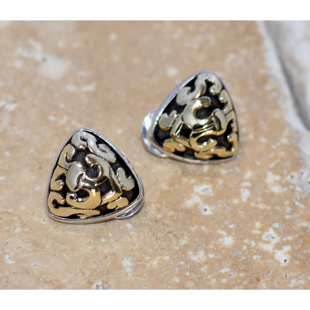 John Hardy Sterling Silver - 18K Yellow Gold Diamond Shape Stud Earrings Signed
